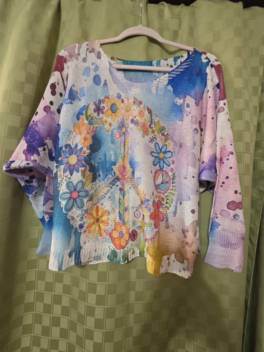 Multicolor Floral Peace Sign Scoop Neck Sweater. NWOT
